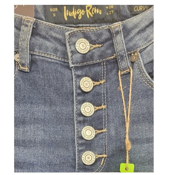 ÍNDIGO RAIN Juniors' Curvy High-Rise Button-Front Distress Ankle Jeans 5 3060 - Picture 4 of 5